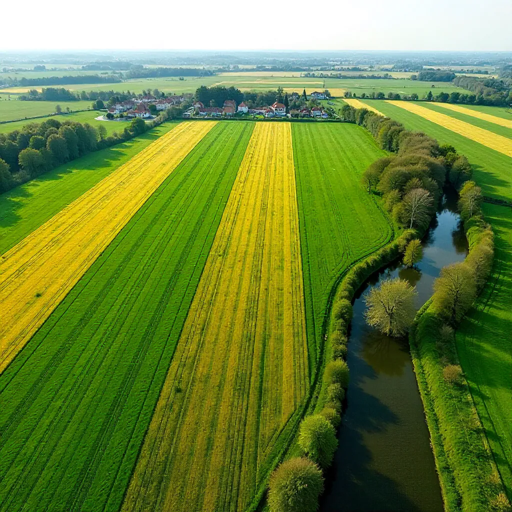 Aerial Spring Stripes: Polish Farmland Panorama