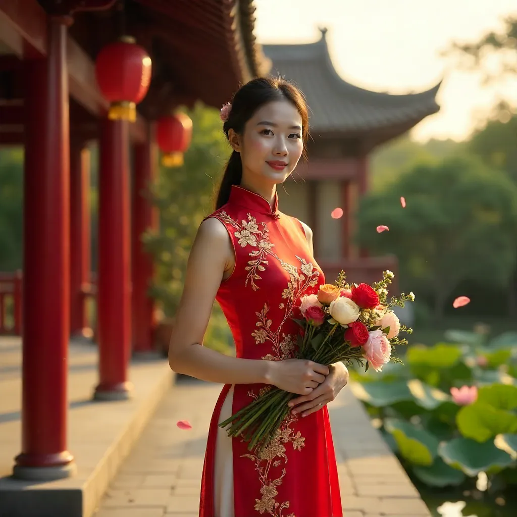Graceful Ao Dai at the Pagoda Courtyard with Flowers