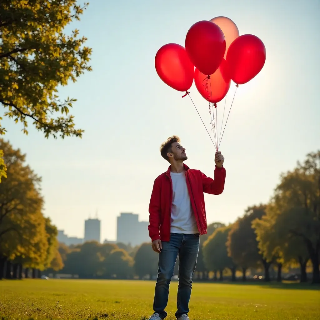Young Man in a Red Jacket with Balloons Outdoors