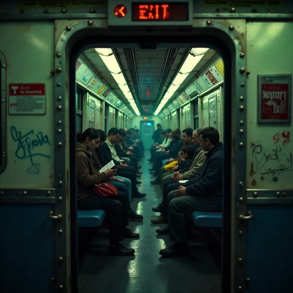 Doorway View: Passengers Inside a NYC Subway Car