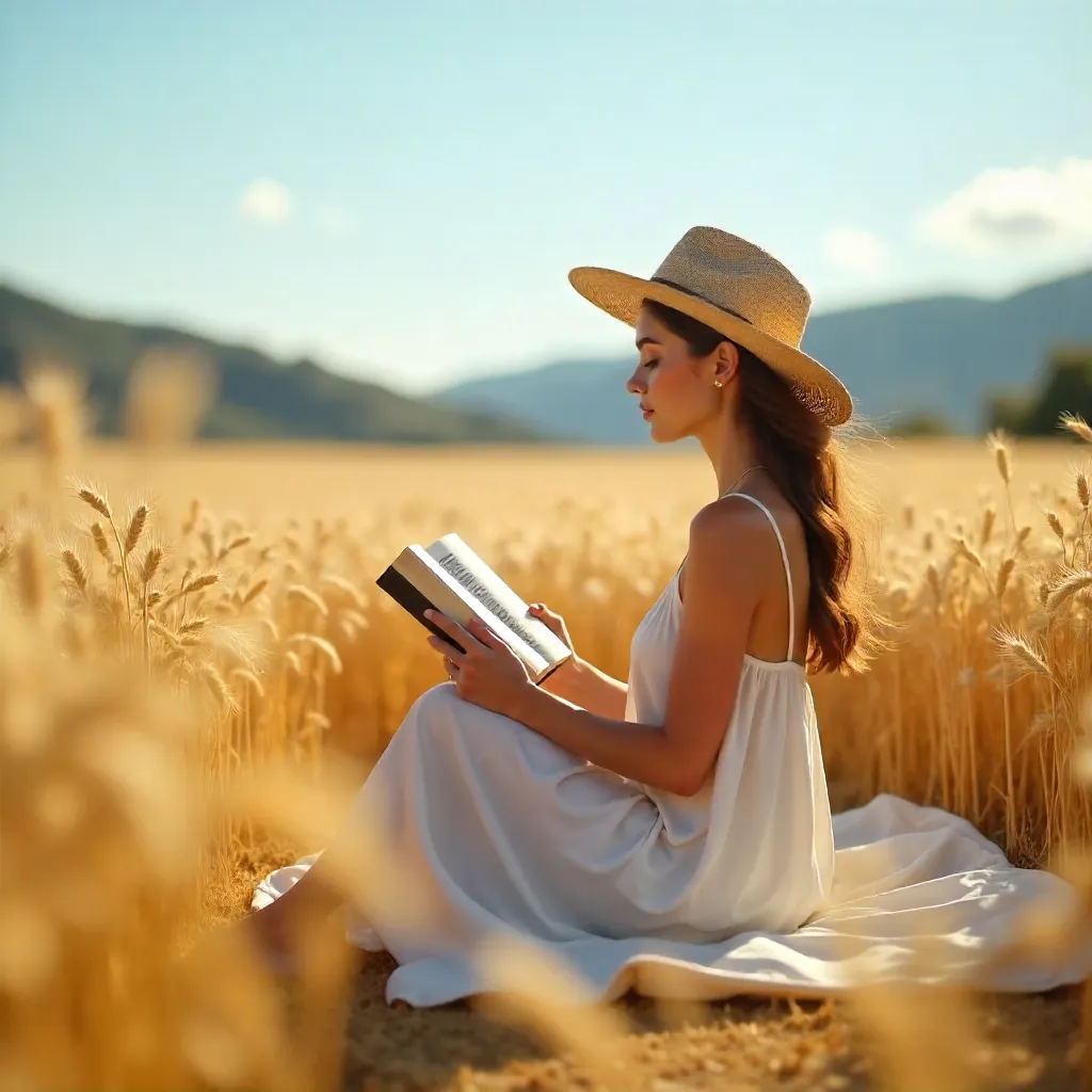 Reading in a Peaceful Wheat Field at Noon