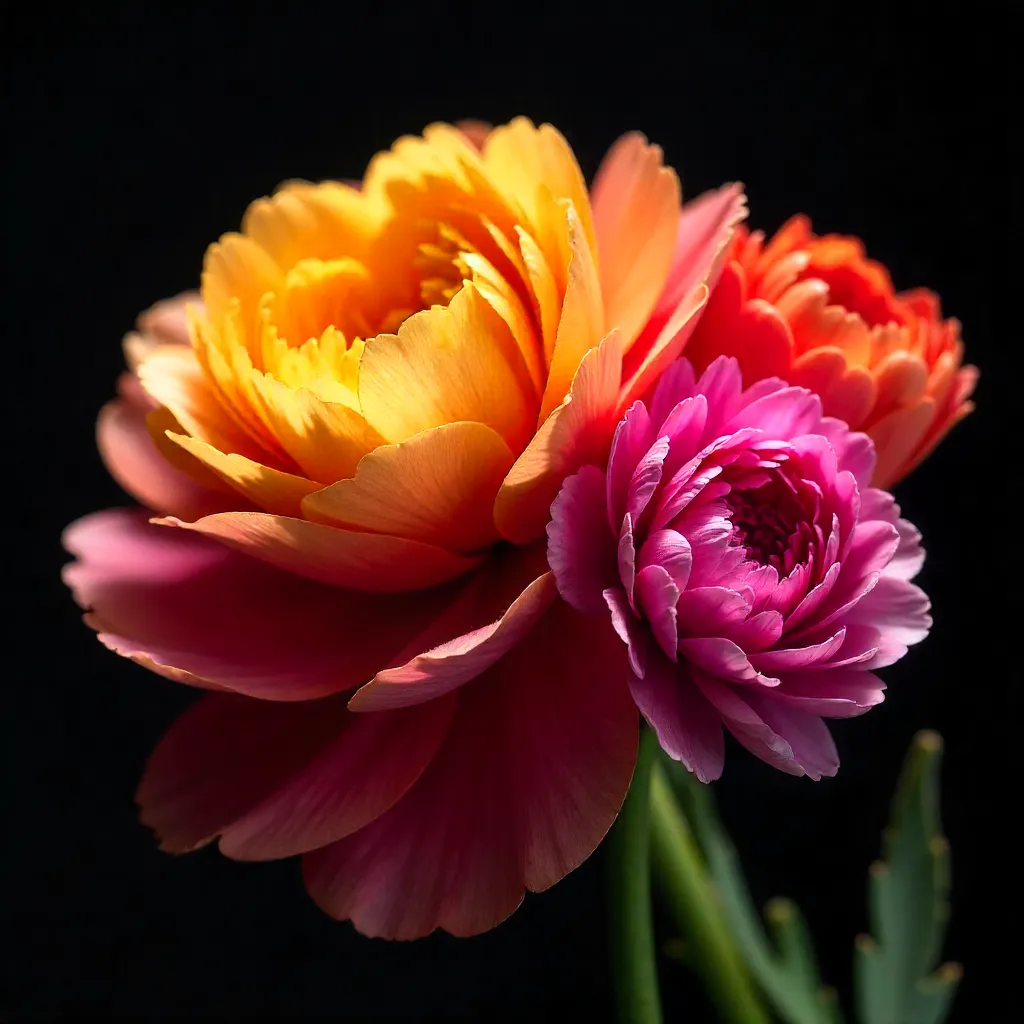 Close-Up Colorful Ranunculus on Black Backdrop