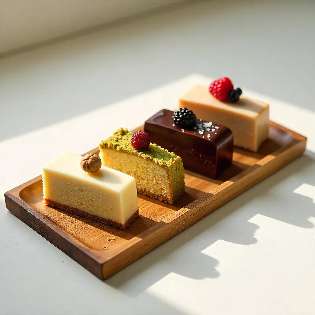 Five Minimalist Artisan Cake Slices on Wood Tray