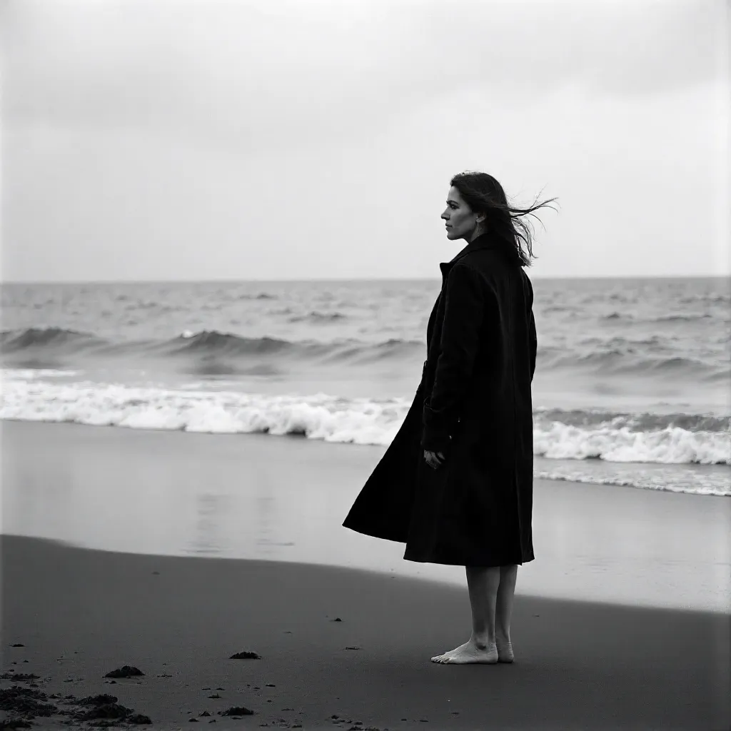 Moody Black-and-White Beach Portrait of a Contemplative Woman
