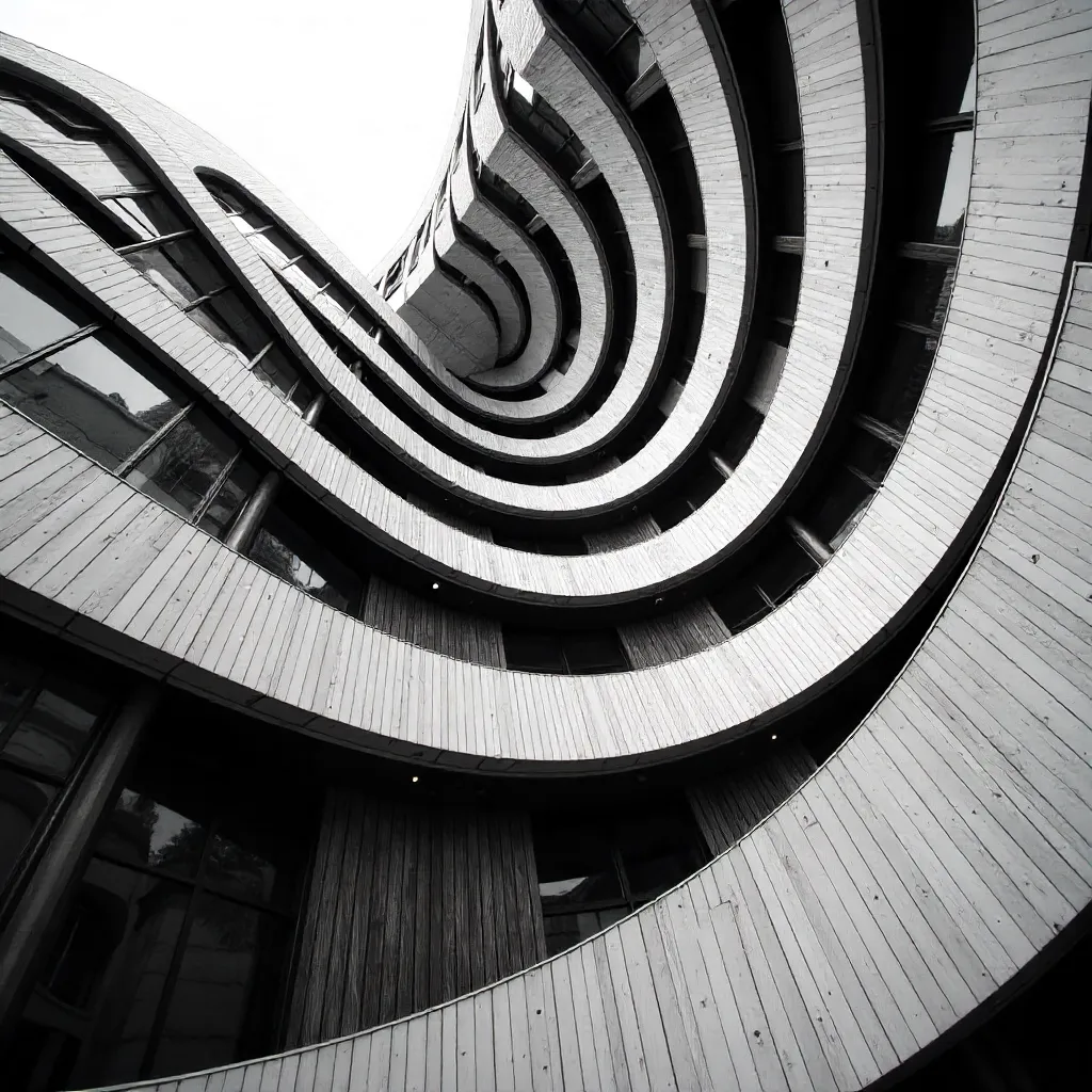 Monochrome Wave: Abstract Curved Architectural Facade