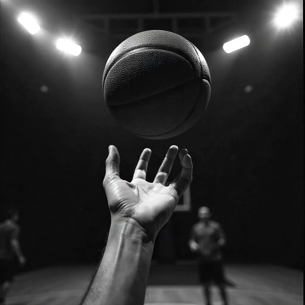 Monochrome Hand Reaching for a Basketball Mid-Air