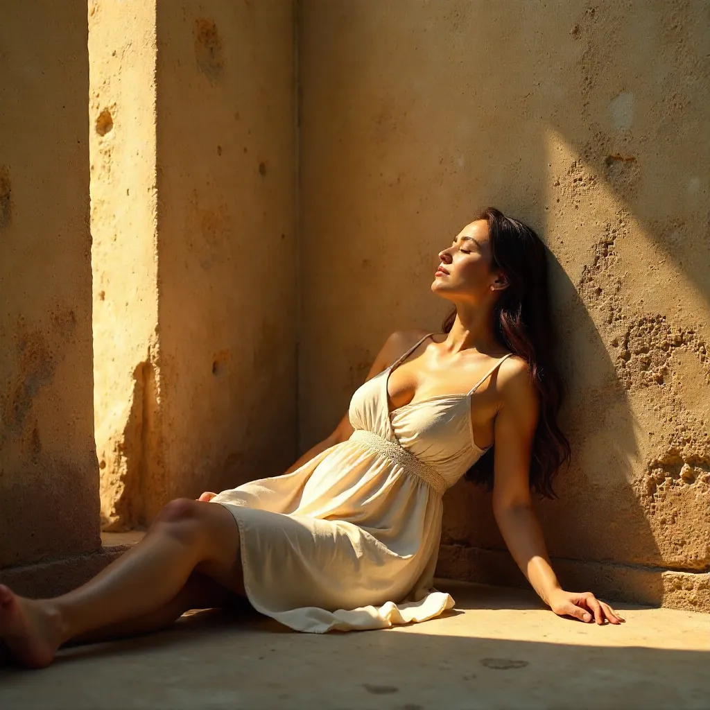 Sunlit Reverie: Woman and Shadowed Wall