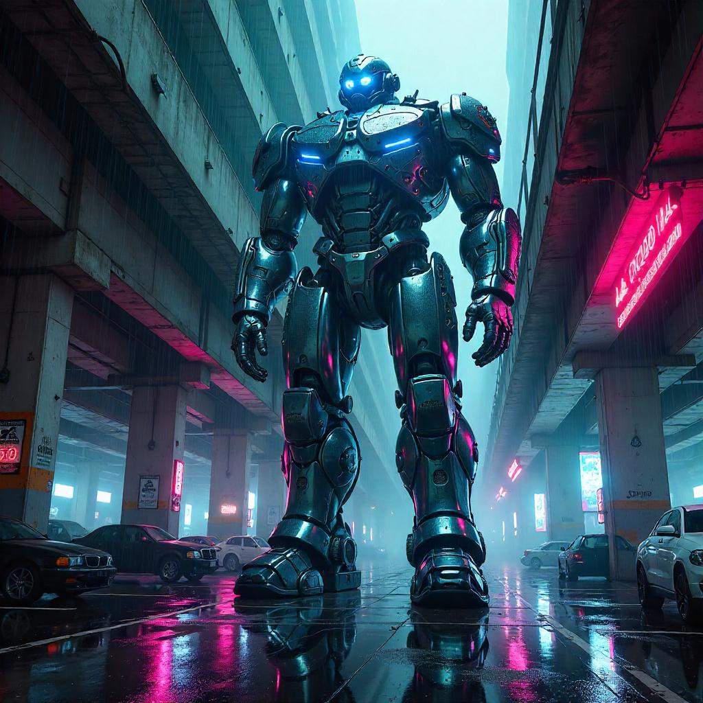 Neon Giant in a Rainy Parking Garage