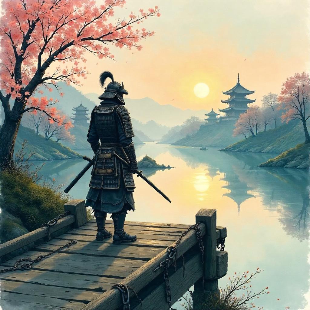 Watercolor Samurai on a Quiet Drawbridge