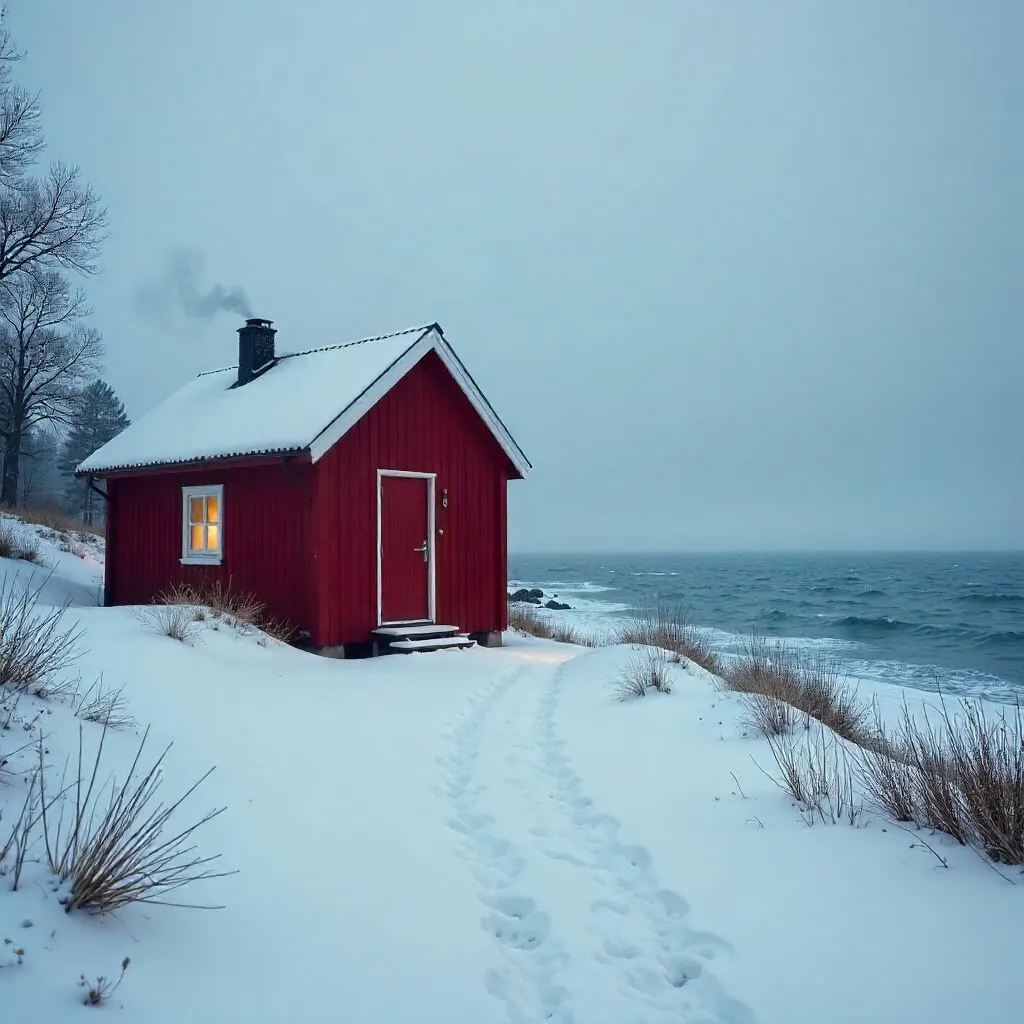 Solitary Cabin by the Danish Winter Coast, Hvalpsund