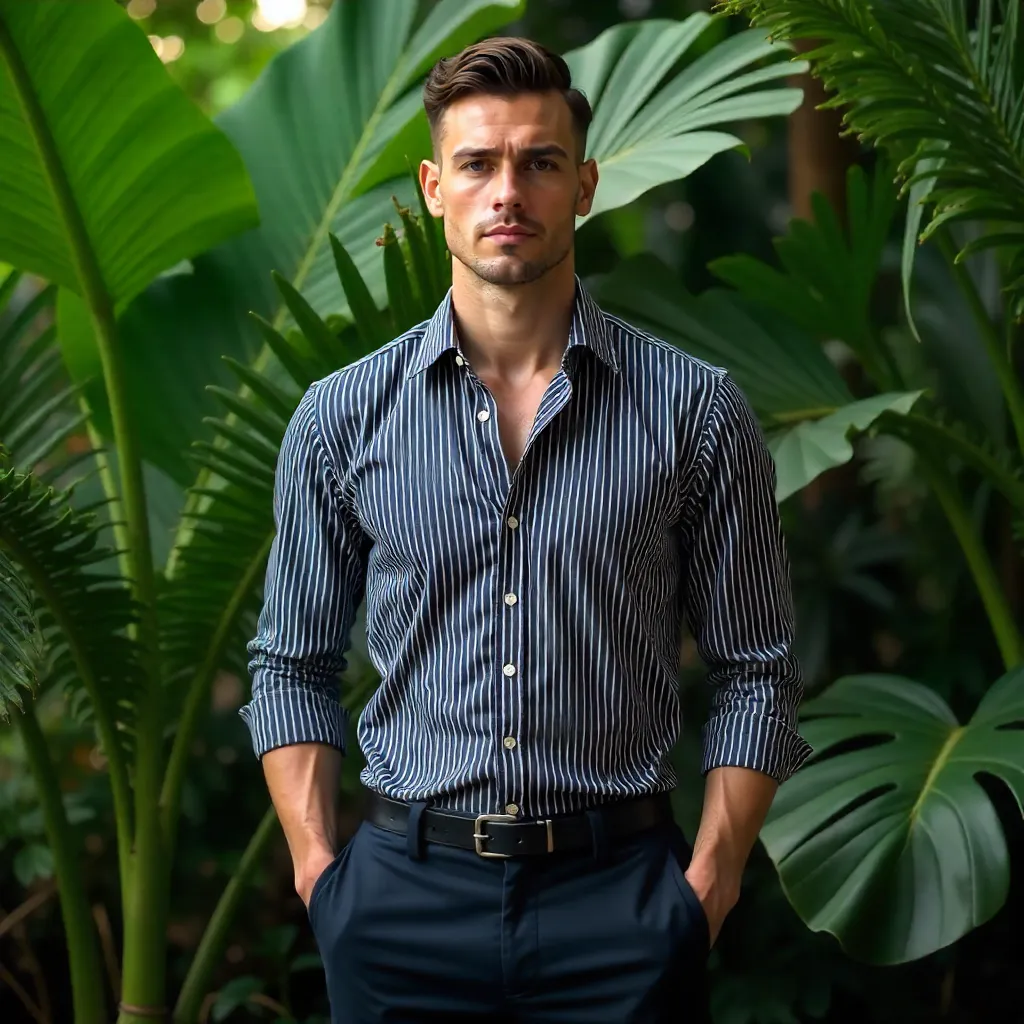 Confident Man in Striped Shirt Before Lush Greenery