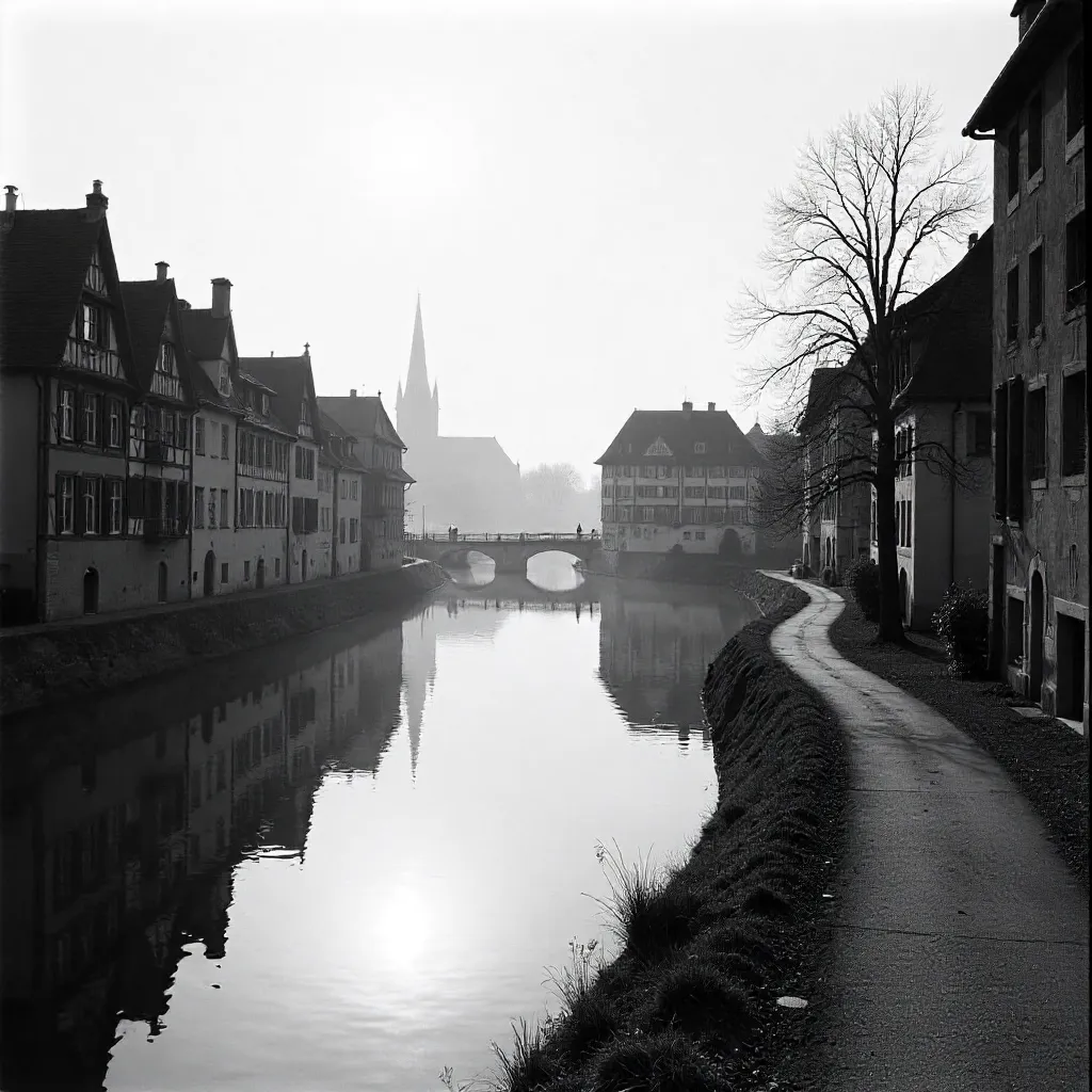 Monochrome Riverside Walk in Strasbourg