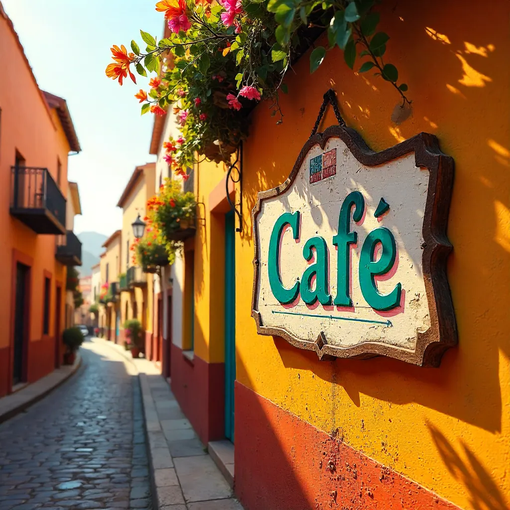 Vibrant Cafe Sign on Orange Wall in San Miguel de Allende