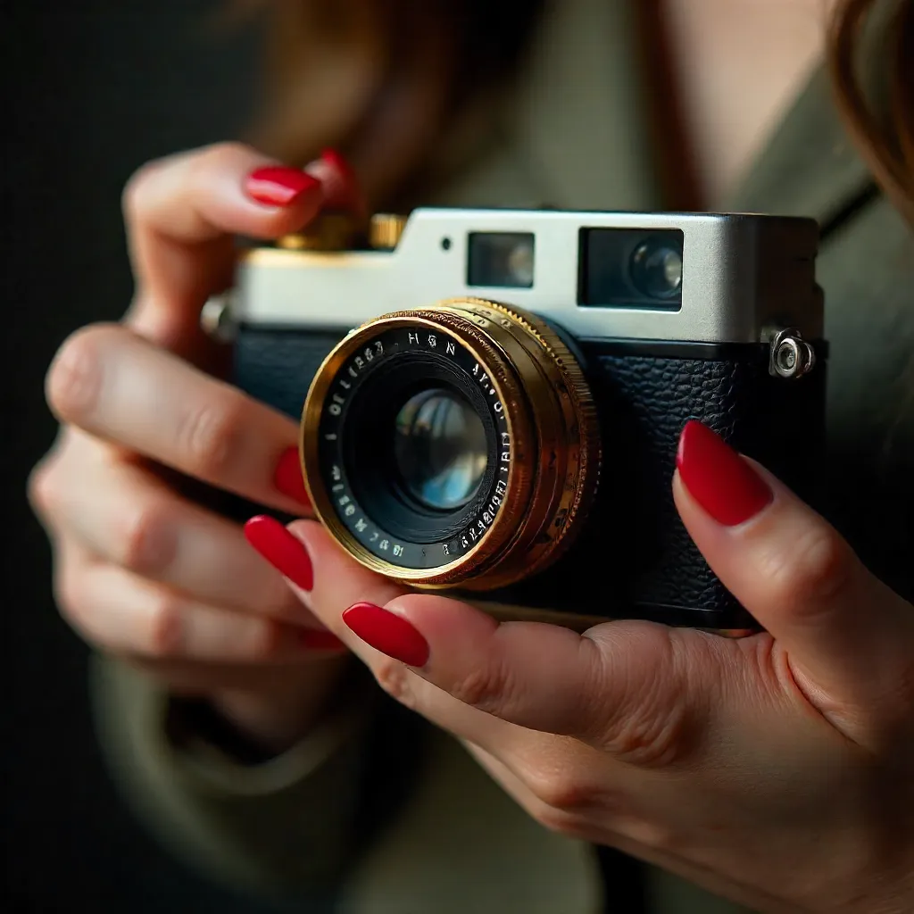 Aesthetic Close-Up: Red-Nail Hands With Vintage Camera