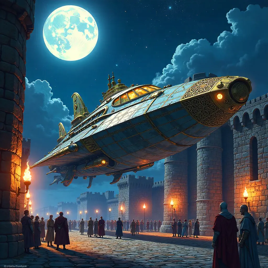 Medieval Anime Spaceship in Castle Courtyard
