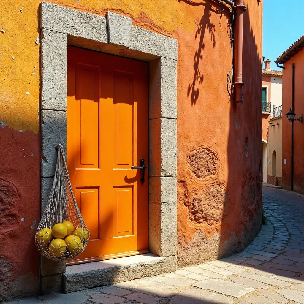 Bright Orange Door on Colorful Stone Wall with Lemons