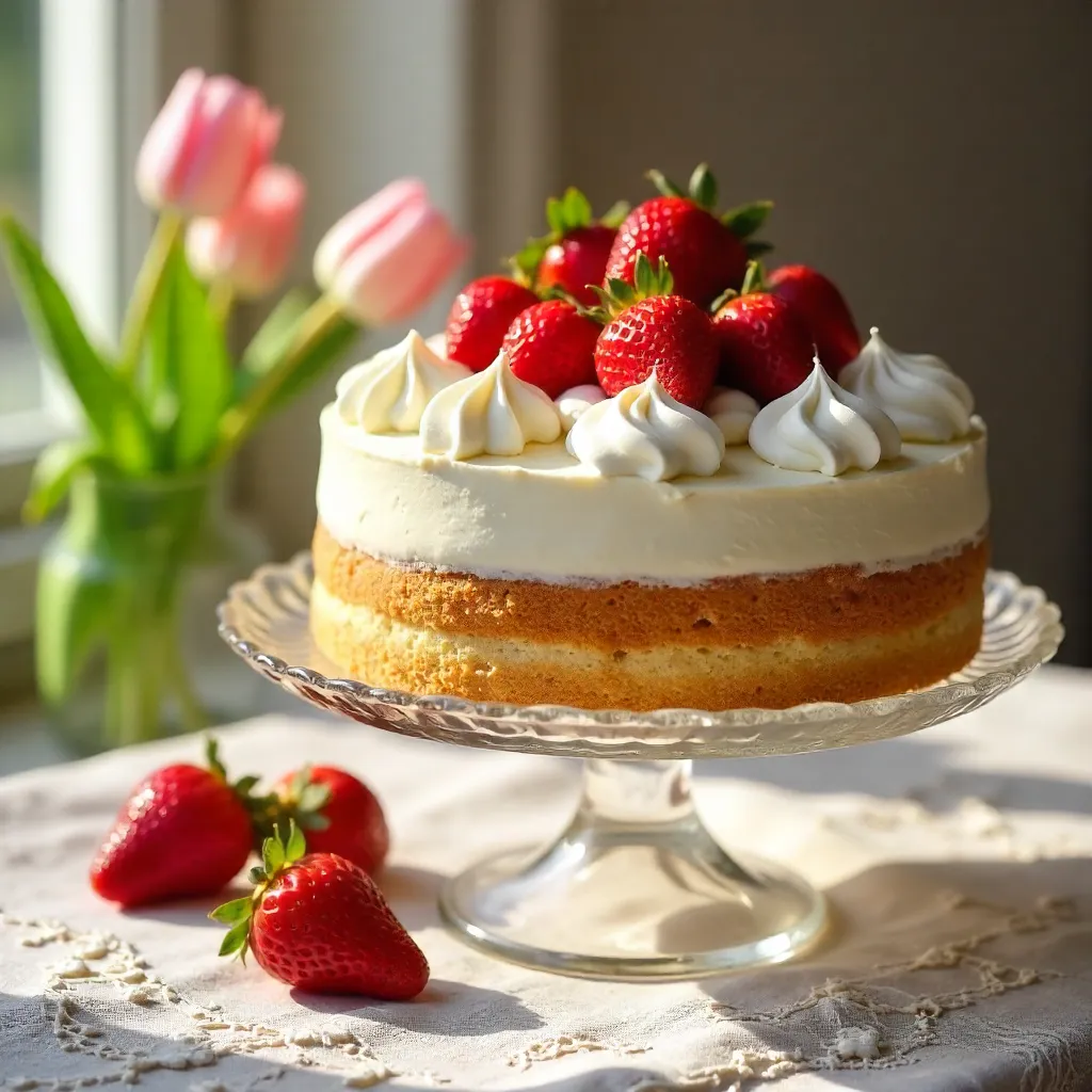 Elegant Strawberry Cake on Lace Table with Tulips