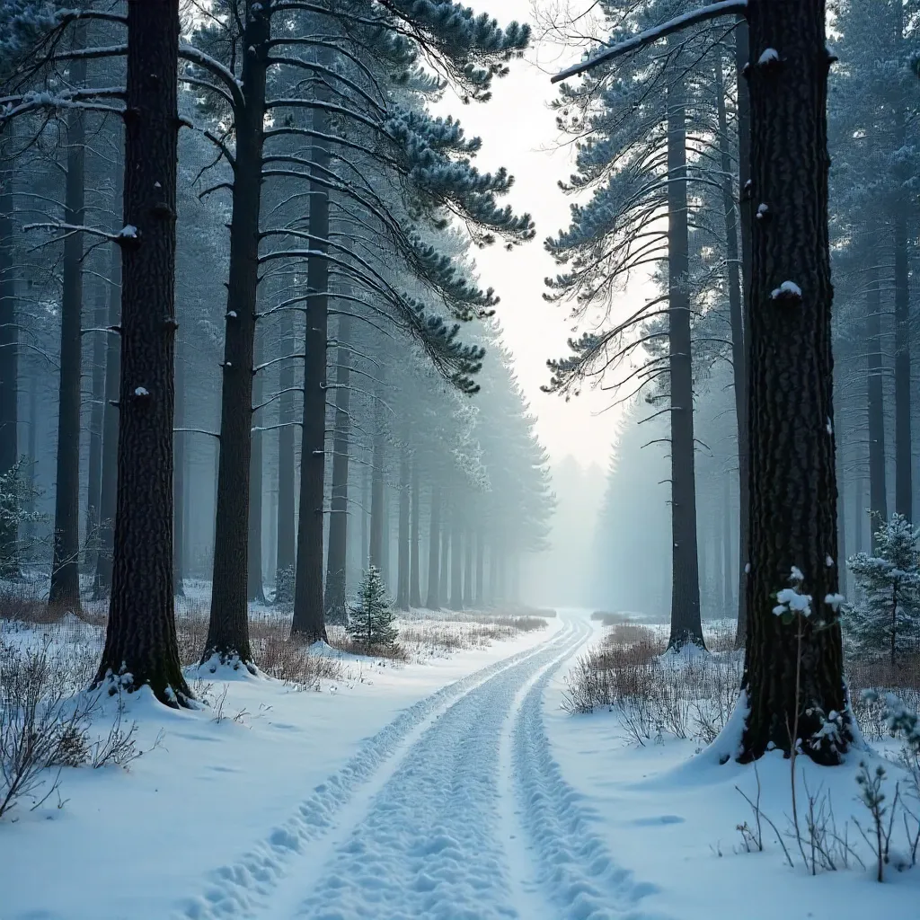 Whispering Winter Forest in Snow Mist
