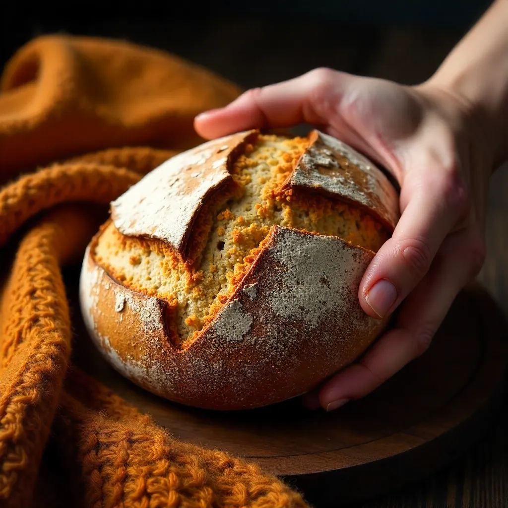 Hand Cradling Rustic Bread with Leaf Pattern on Warm Textile