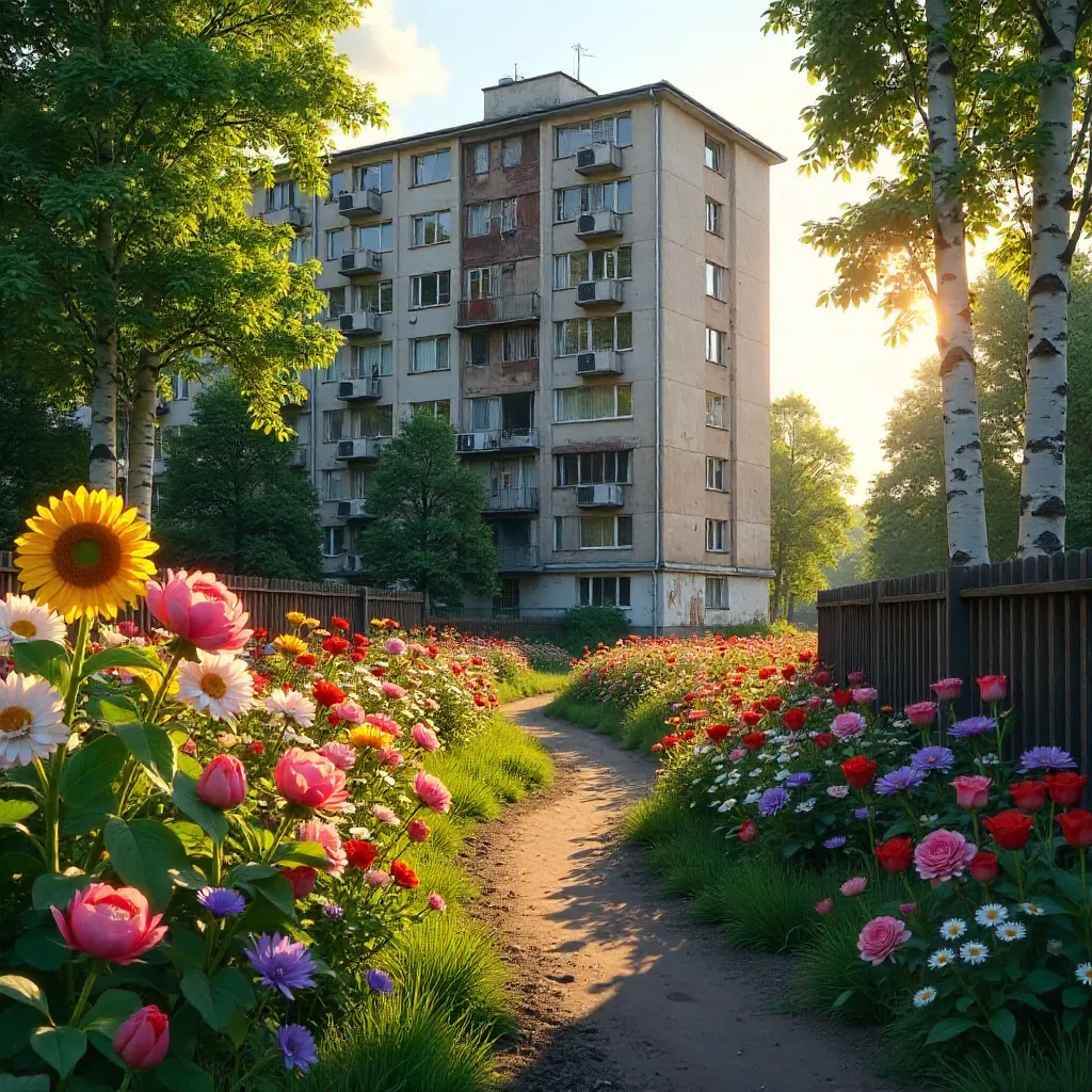 Vibrant Garden Before a Soviet Block in Kaluga