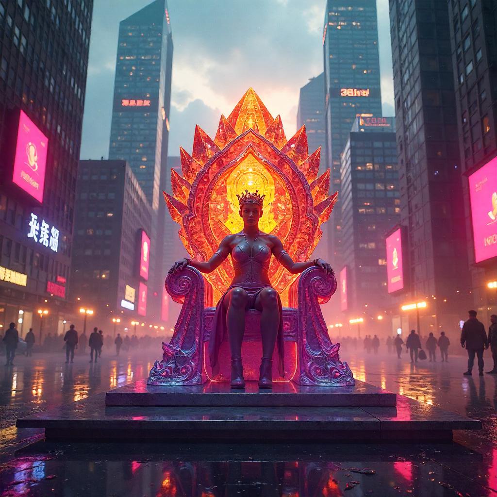 Radiant Crystal Throne at Sunrise in Neon Cyberpunk City