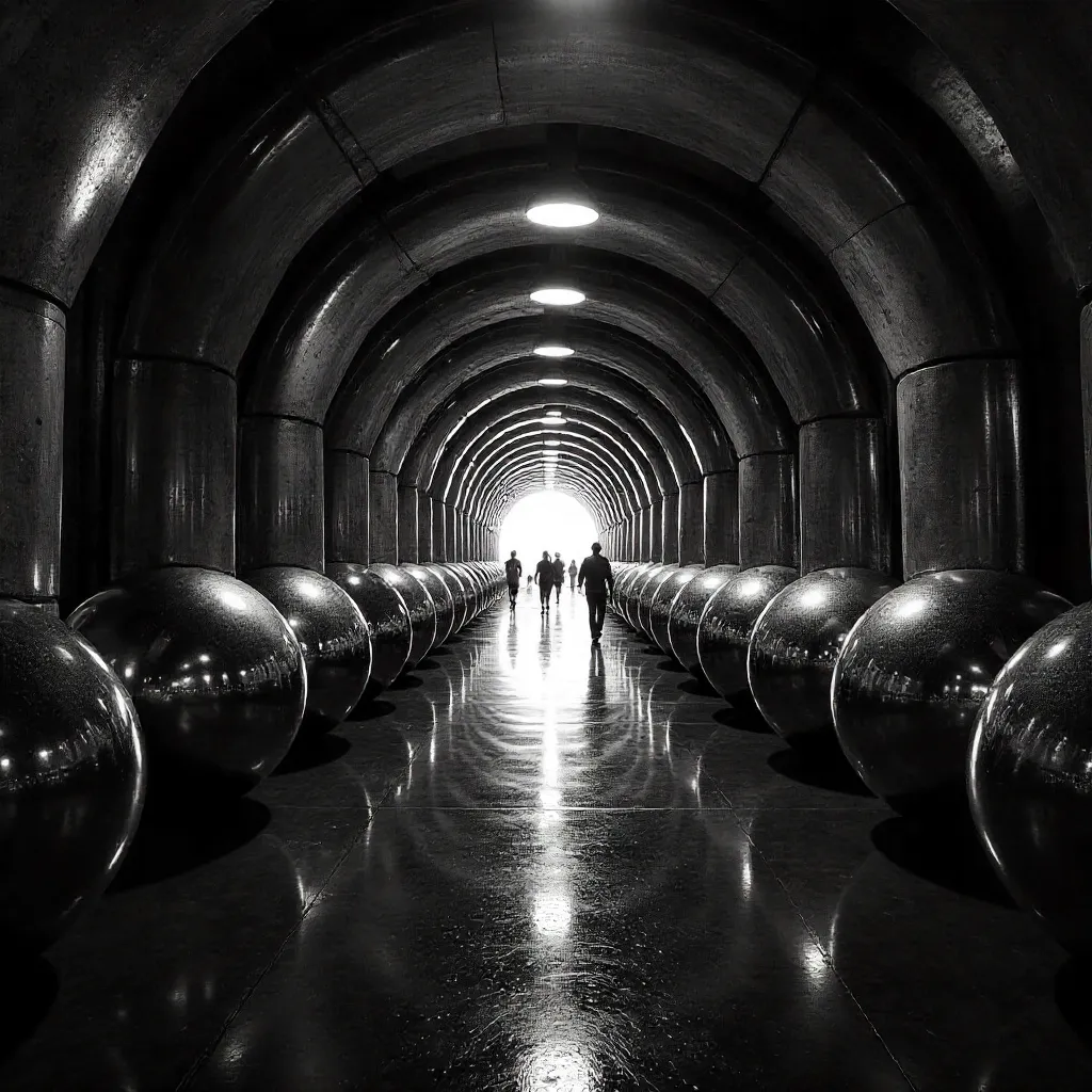 Walkers in a Monochrome Corridor of Metallic Spheres