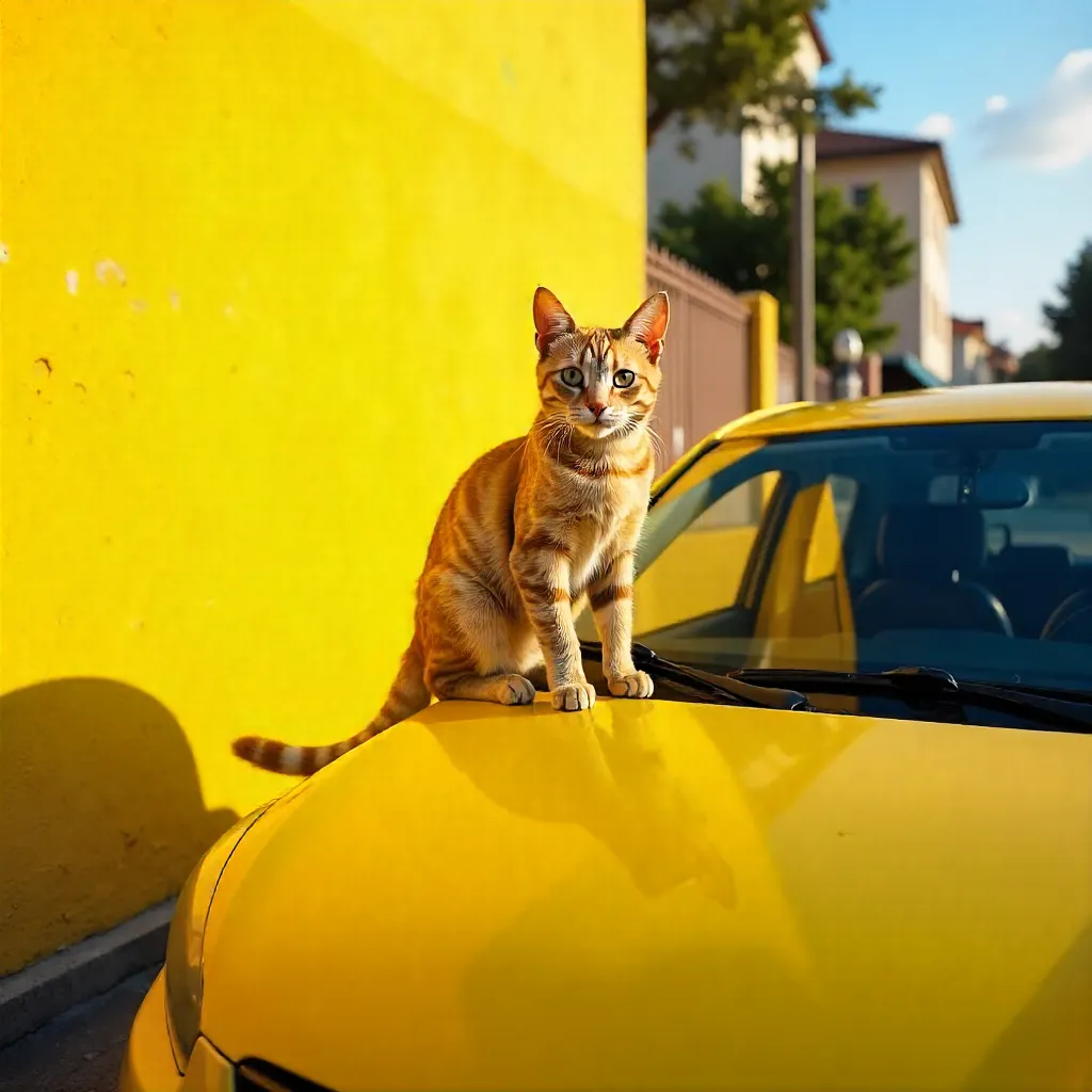 Sunny Cat on a Yellow Car Roof Before a Vibrant Wall