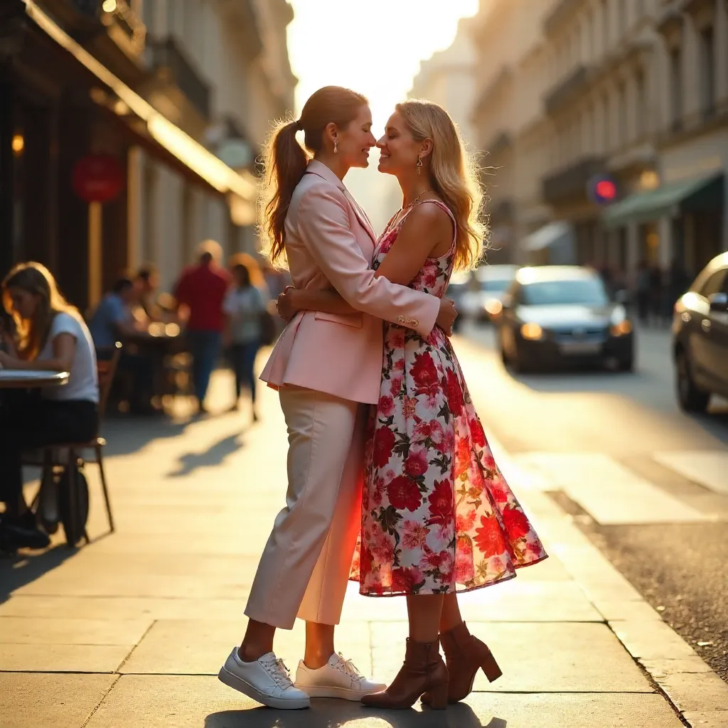 Warm embrace on a sunlit city street
