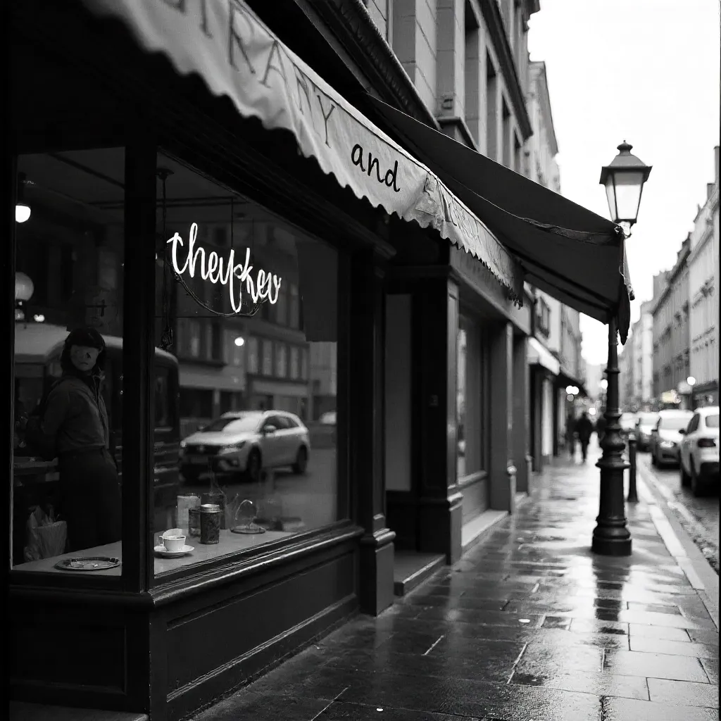 Black and White Coffee Shop Window with And Green Canopy
