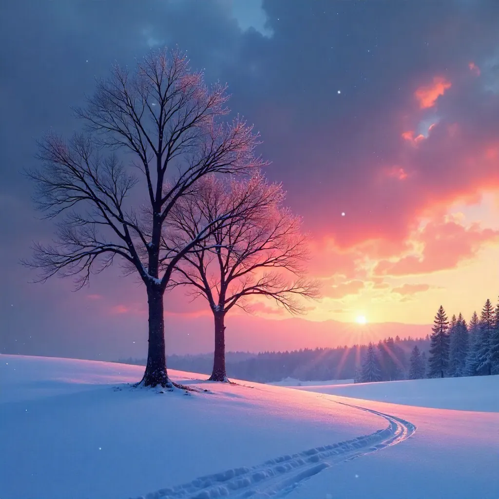 Twilight Silhouettes: Two Bare Trees in a Peaceful Winter Scene