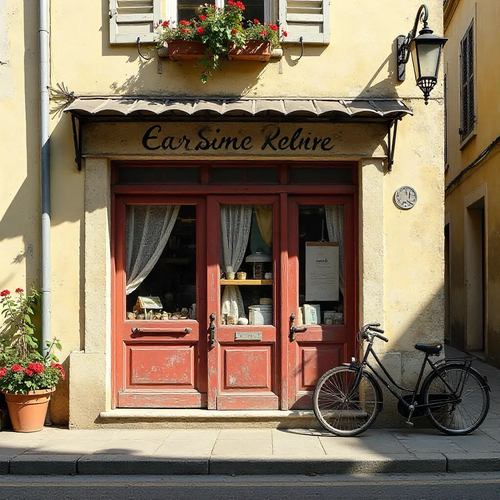 Vintage Jonzac Shopfront with Faded Red Doors