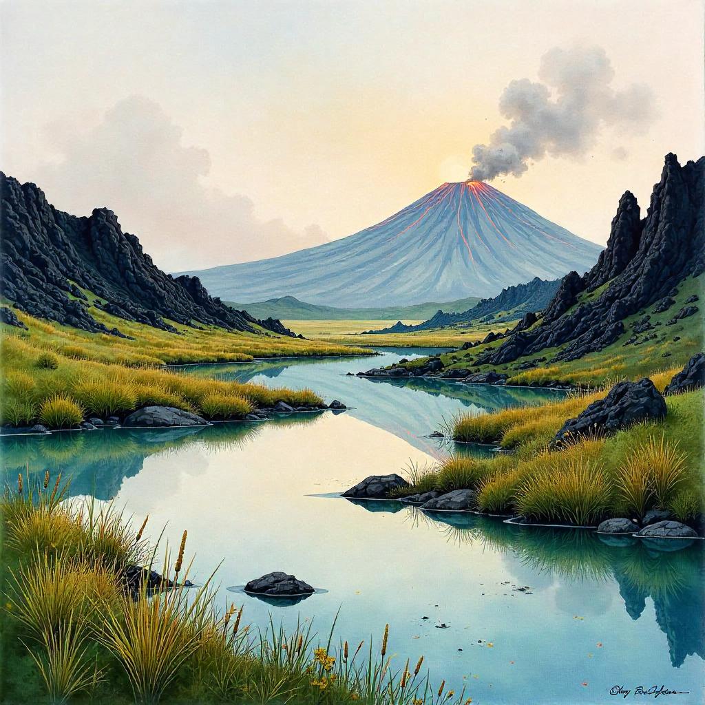 Marsh in a Volcanic Landscape, Watercolor