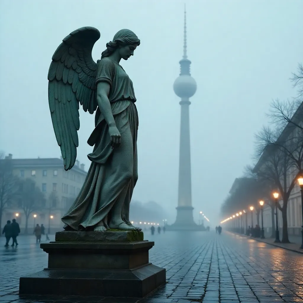Angel Statue with TV Tower Backdrop in Berlin Fog
