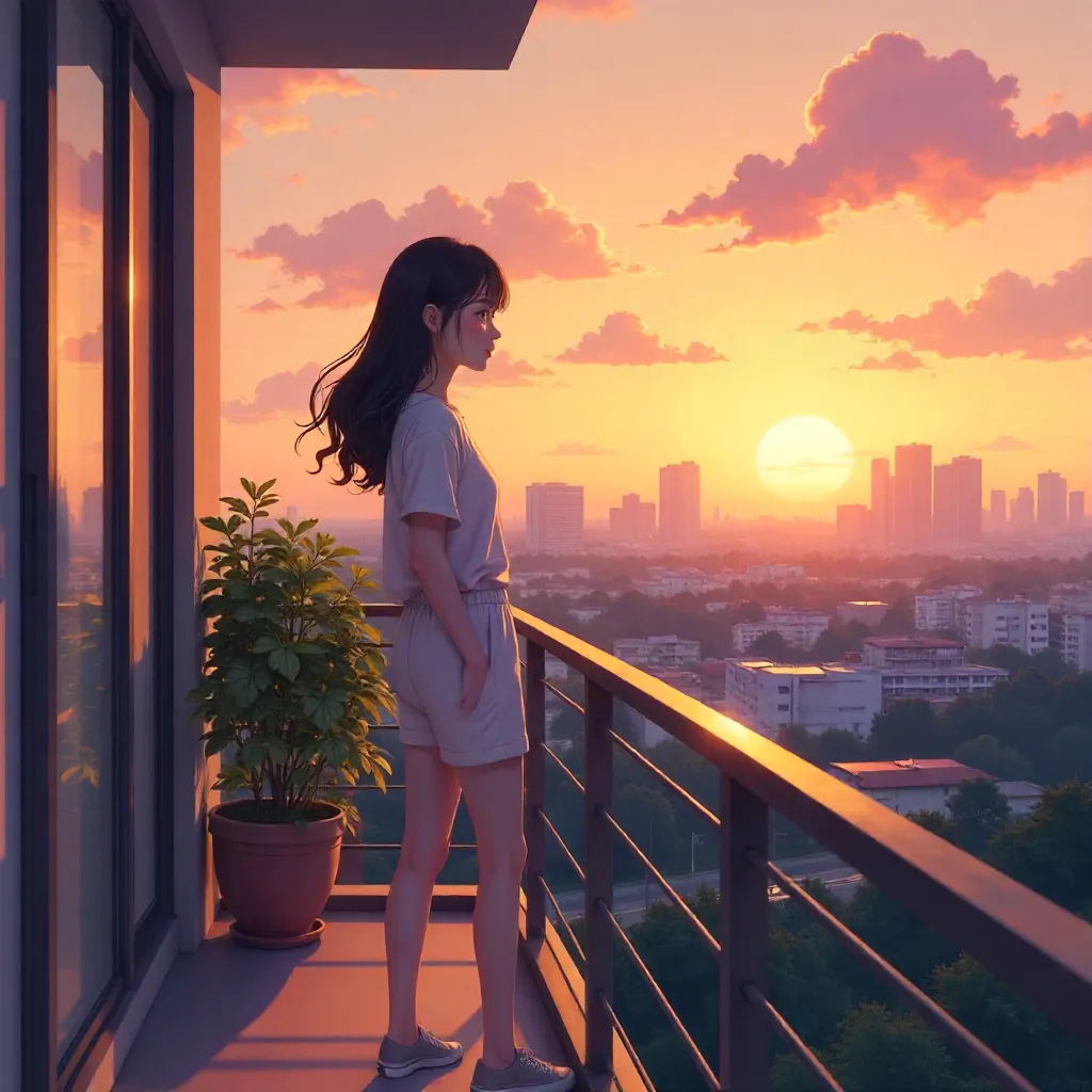 Anime Balcony Portrait: Young Asian Woman
