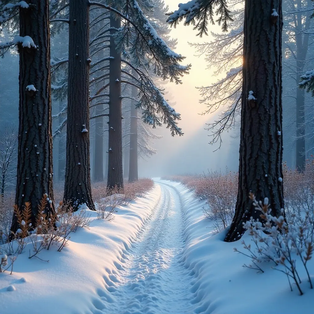 Winter Tranquility: Snow-Dusted Forest Path