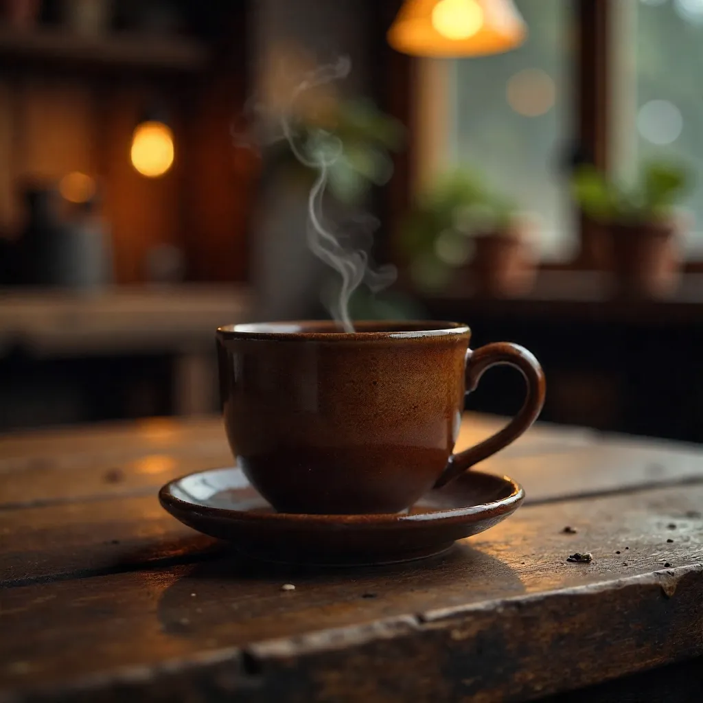 Rustic Coffee Cup on Dim Wooden Table