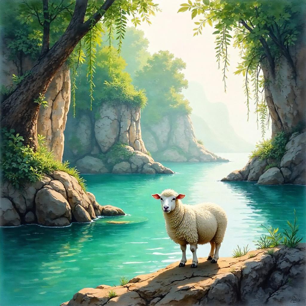 Sheep in a Hidden Lagoon — Watercolor Dream