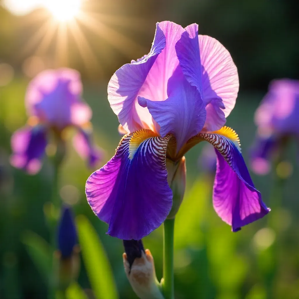 Close-Up Purple Irises in a Sunlit Garden Scene