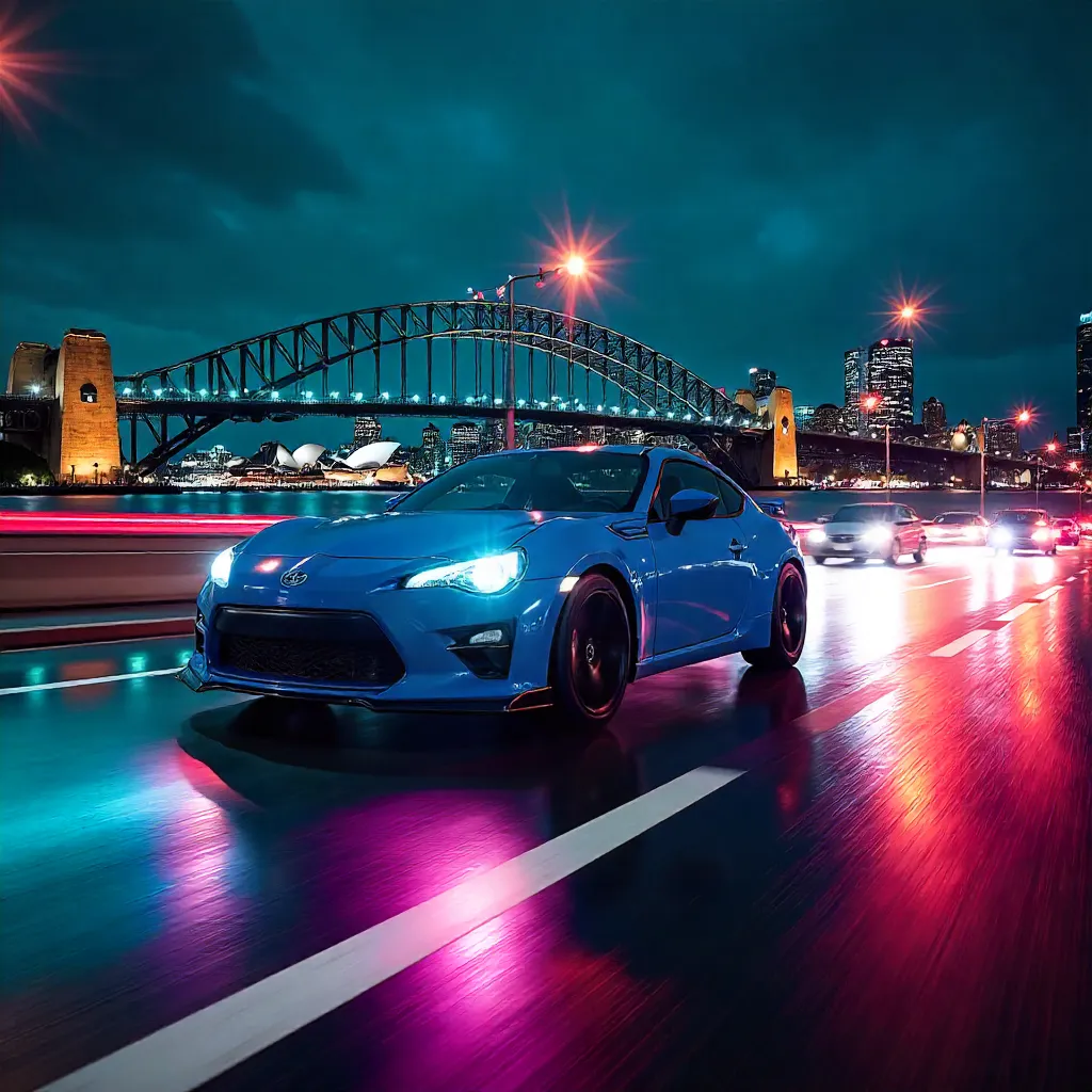 Neon Velocity: Blue Car Through Sydney Night