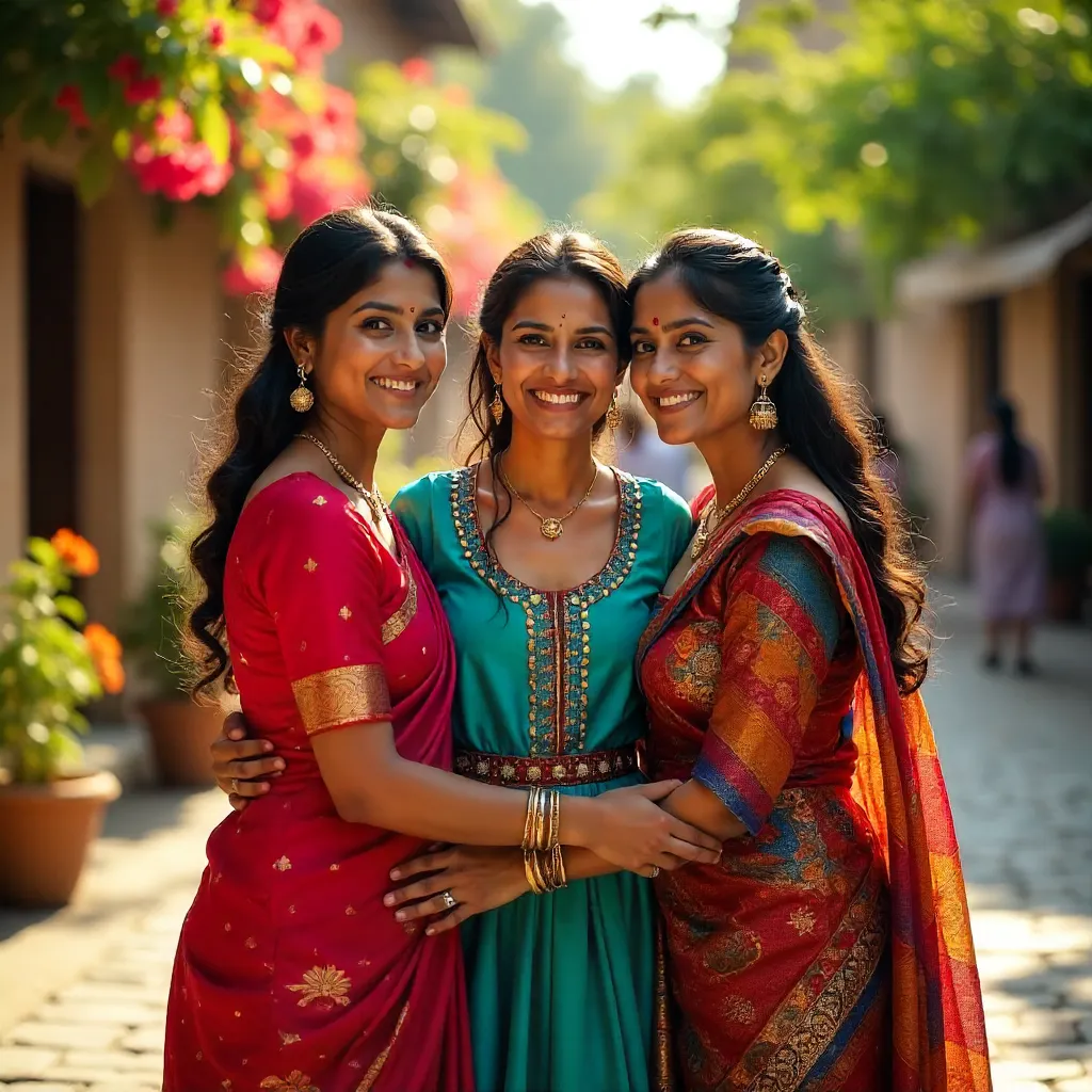 Three Women Embracing in Colorful Traditional Attire