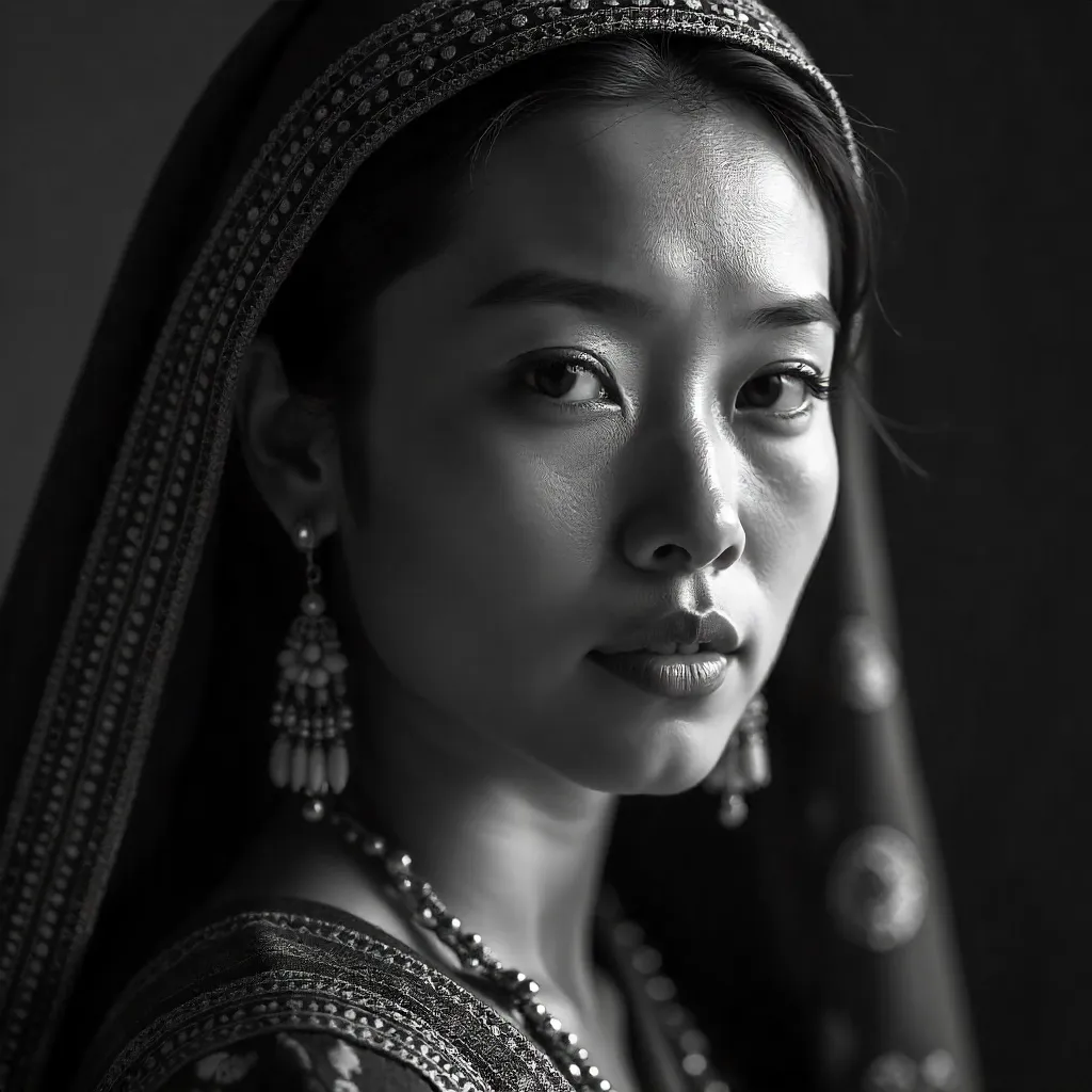 Serene Portrait in Traditional Attire — Monochrome