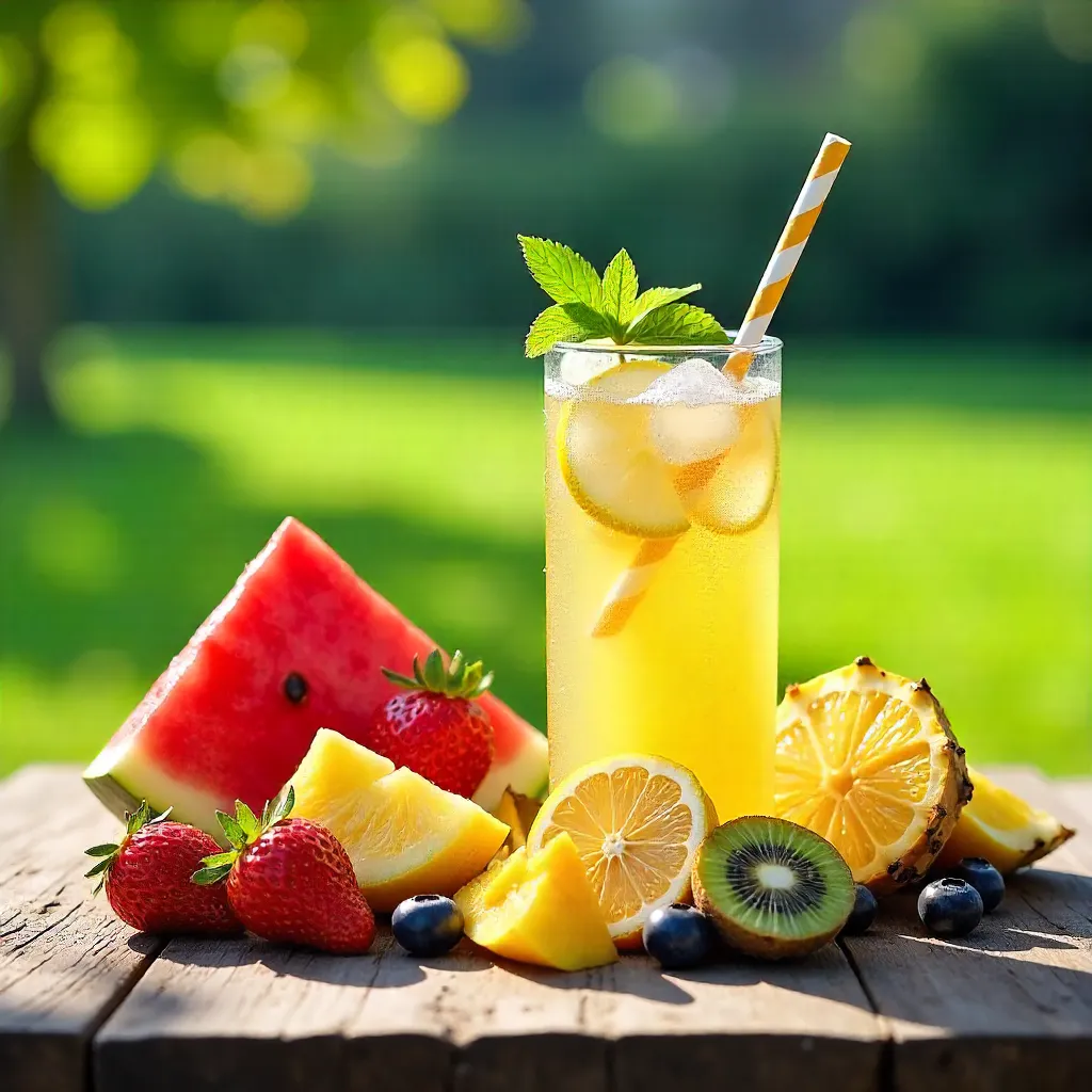 Vibrant Summer Fruits and Lemonade on Wood