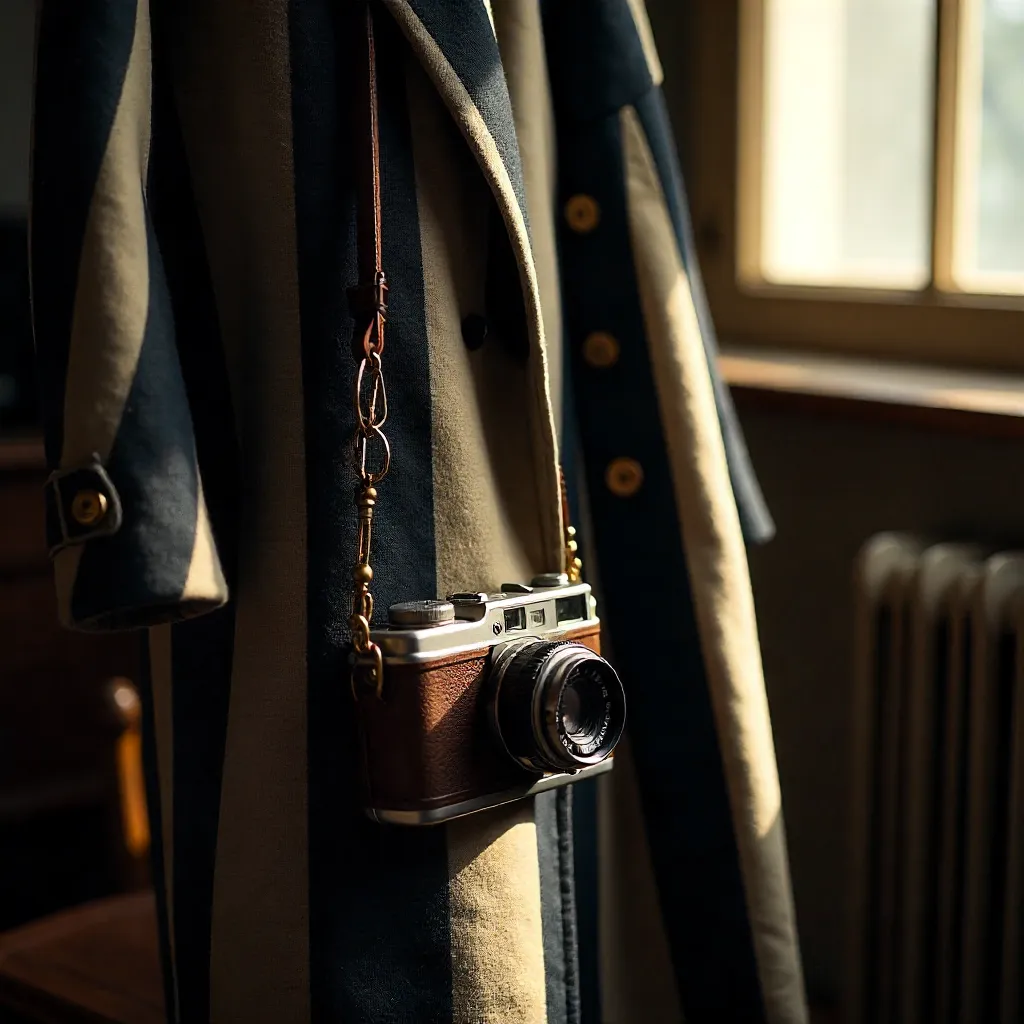 Vintage Camera on a Striped Coat: Classic Style