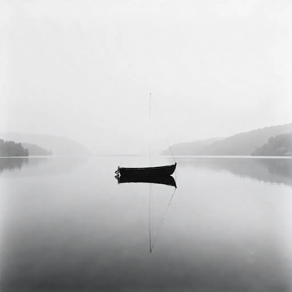 Symmetrical Black-and-White Boat on Glassy Water