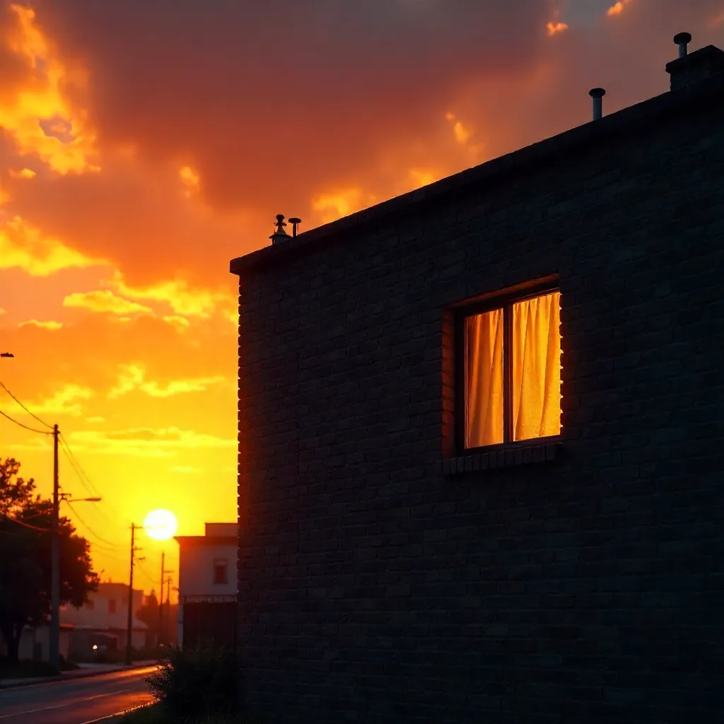 Orange Sunset Over a Dark Facade with Illuminated Window