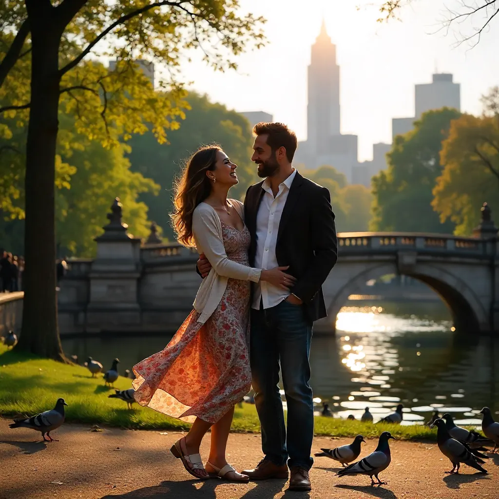 Joyful couple in Central Park with historic backdrop
