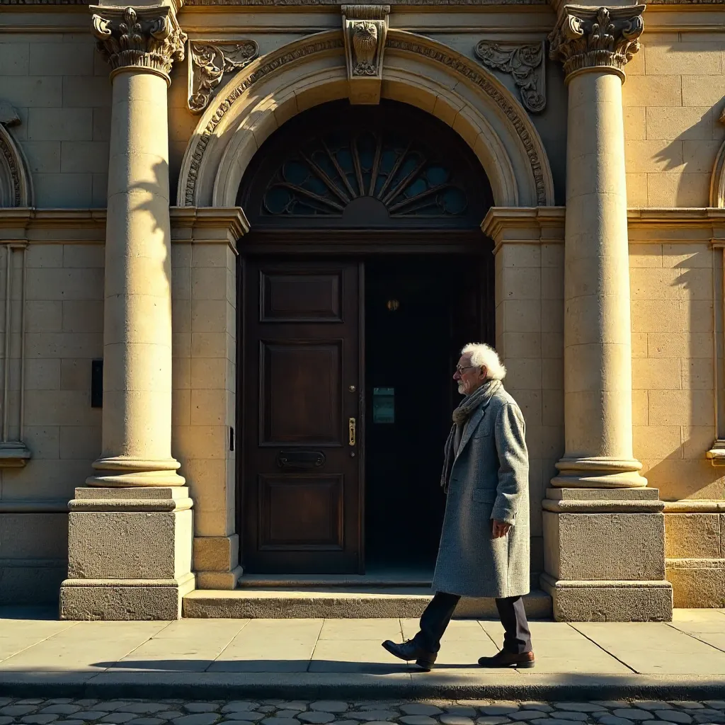 Older adult strolling past a grand historic stone doorway