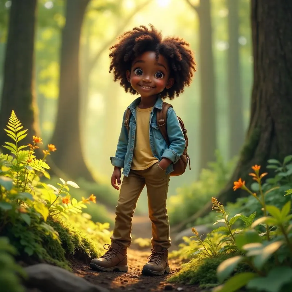 Cheerful Black Girl in a Sunlit Forest