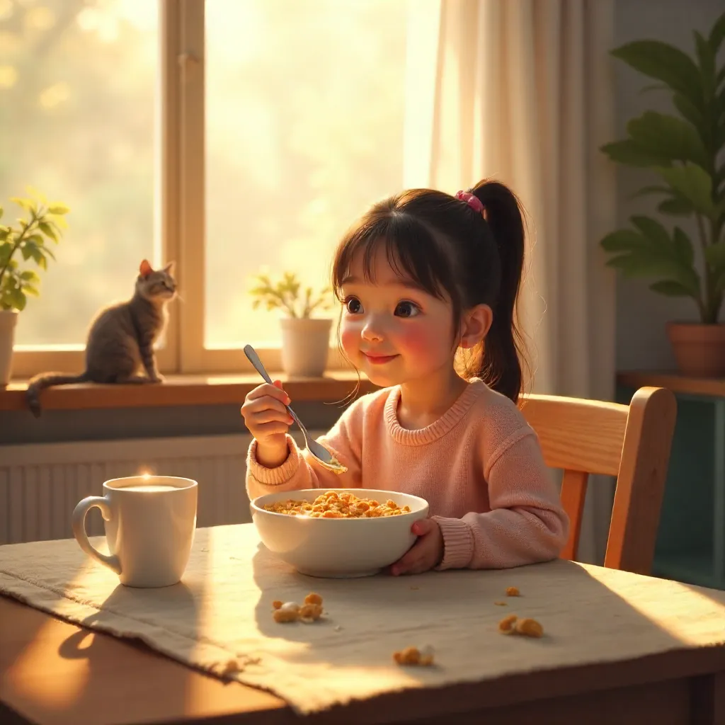 Cozy Indoor Breakfast: Young Girl with Cereal
