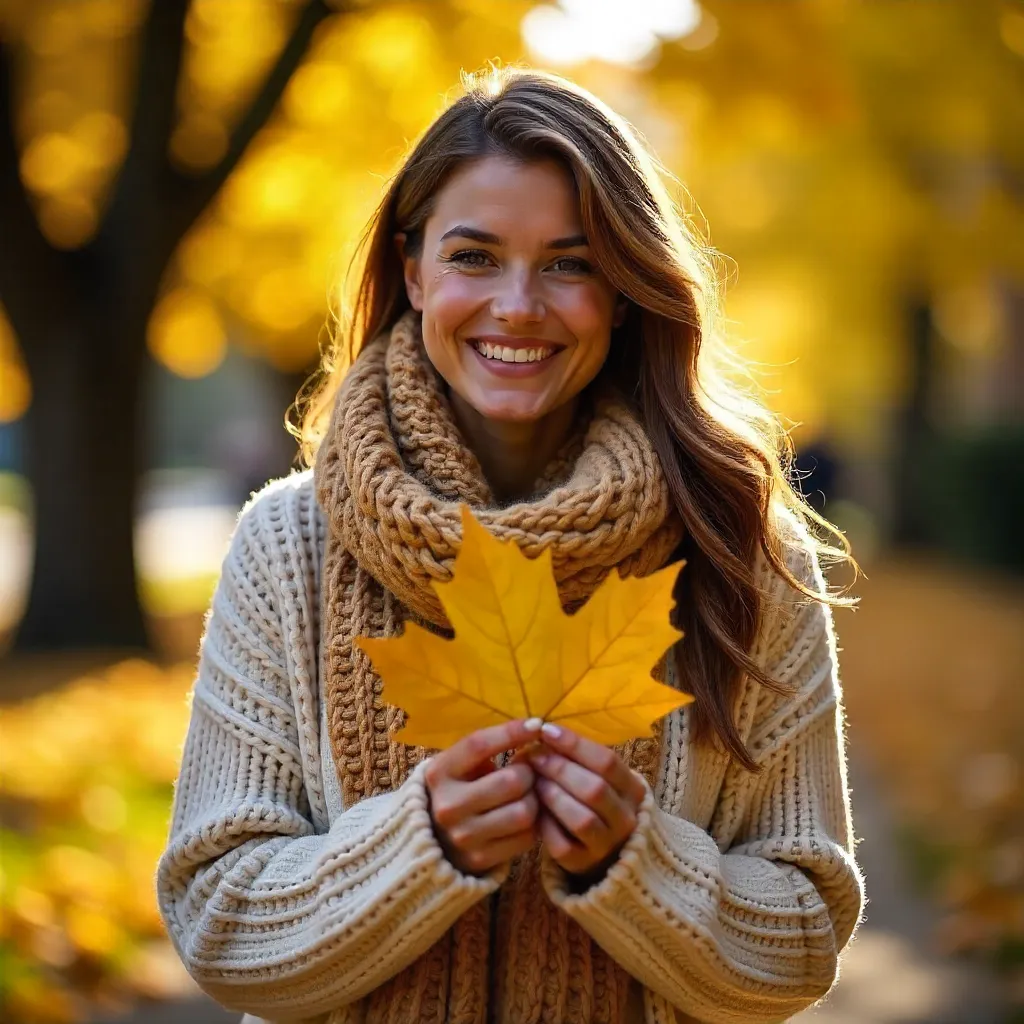 Smiling Woman in Cozy Fall Attire Among Yellow Leaves